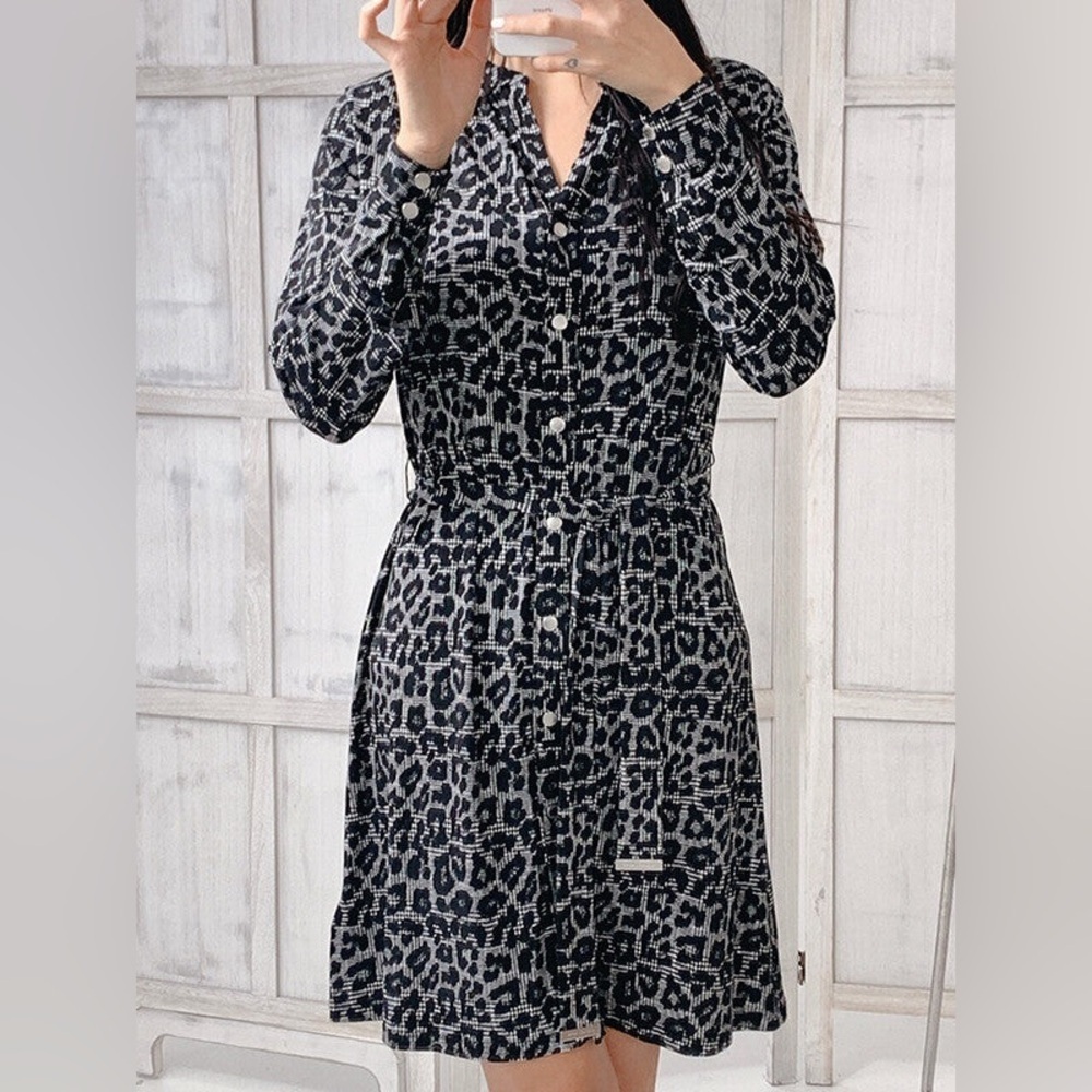 Michael Kors Black and Gray Leopard Print Slinky Mini-Dress - Picture 2 of 10